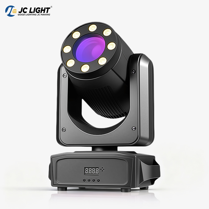 8 small steel cannons plus color-changing moving head lights