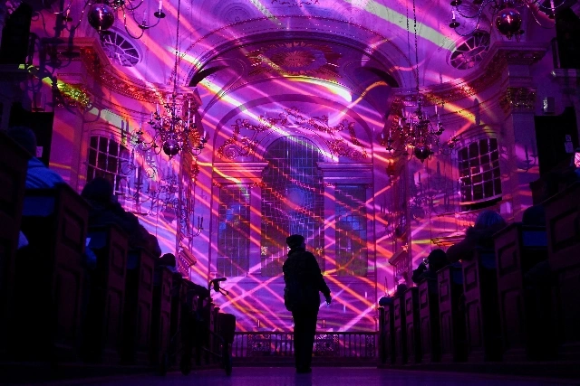 church stage lighting system layout showing front wash lights beam coverage and control system integration