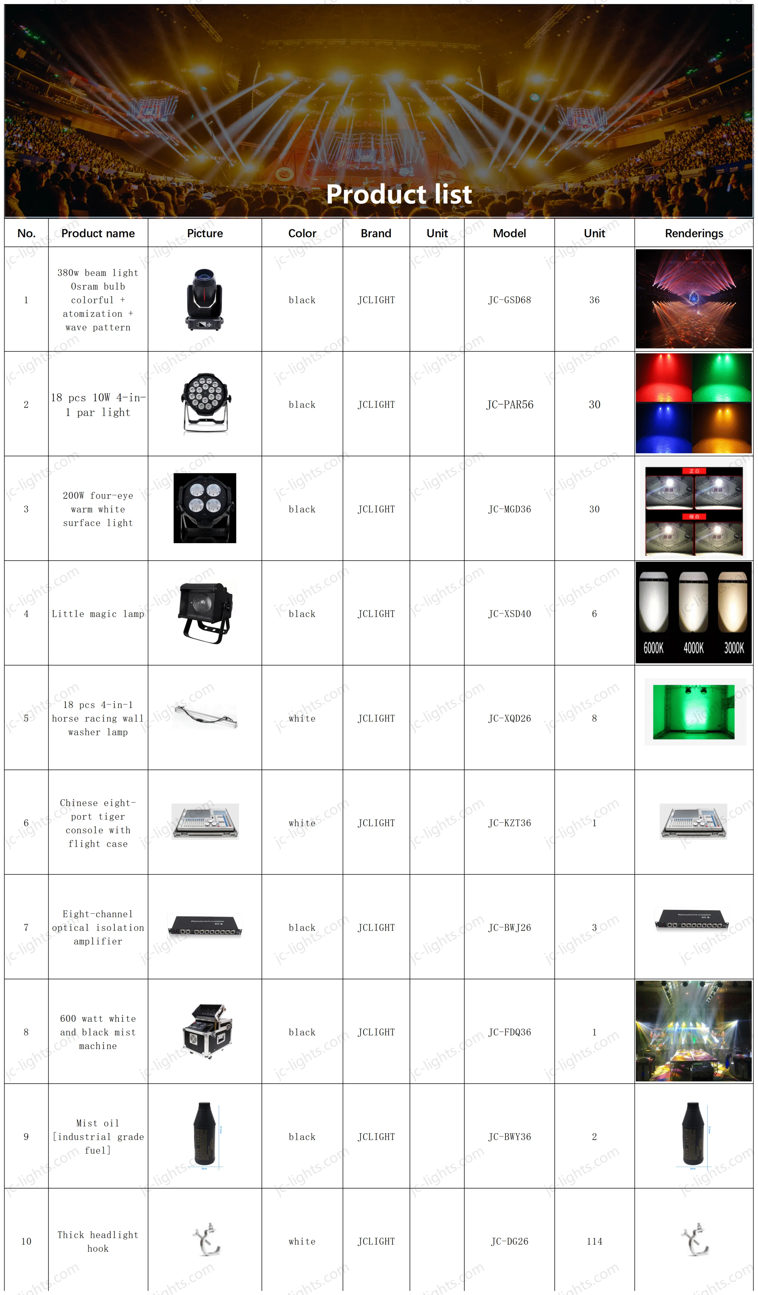 Wedding lighting equipment quotation list for venue project