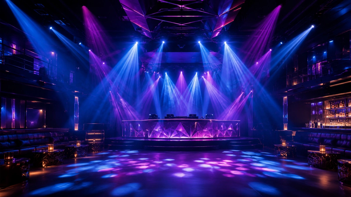 Professional Club Lighting Design for Nightclubs and Dance Floors Professional club lighting design for a nightclub dance floor with beam moving heads LED wash lights and DJ booth effects