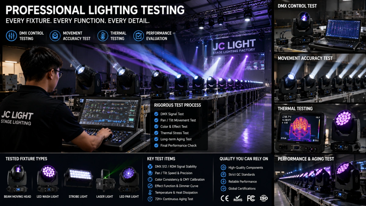 Club Lighting Equipment Factory Testing Professional club lighting equipment undergoing DMX movement thermal and performance testing at a stage lighting factory