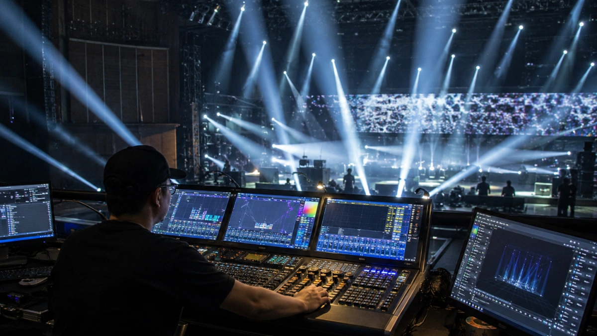 Lighting engineer programming a professional concert lighting console with DMX control