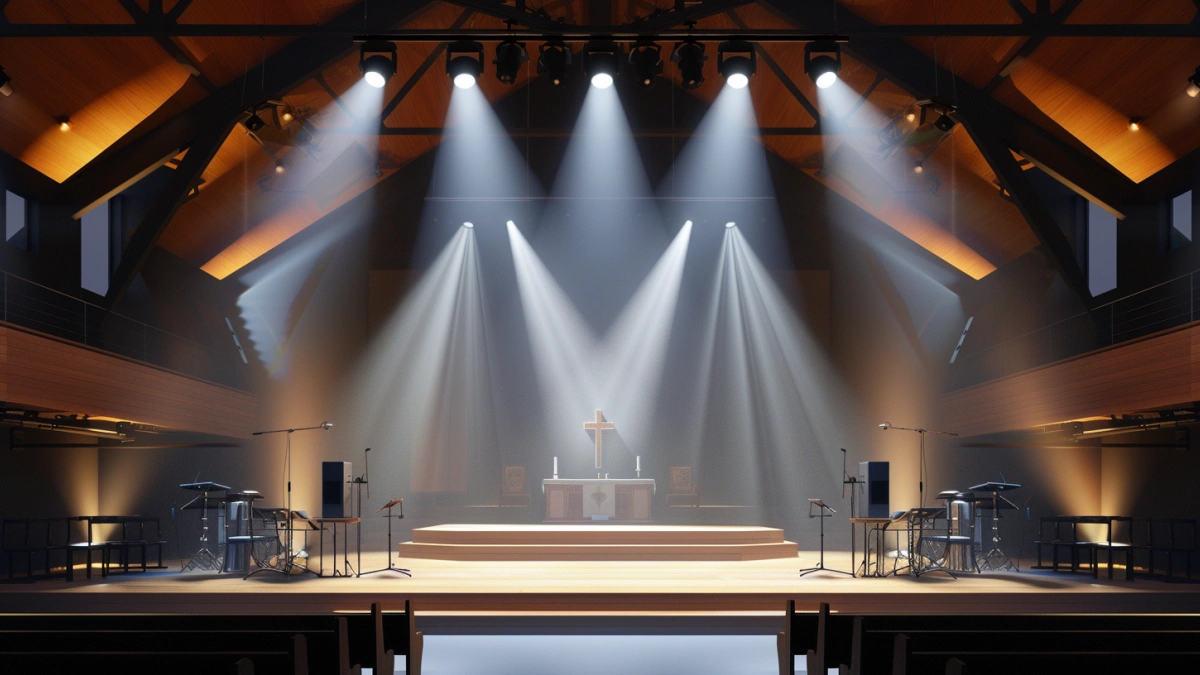 church altar lighting setup with warm white stage lighting and focused illumination