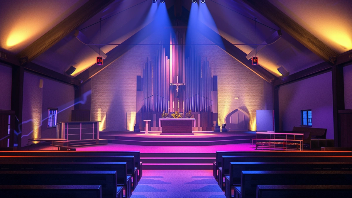 church stage lighting system with truss and moving head lights for worship events