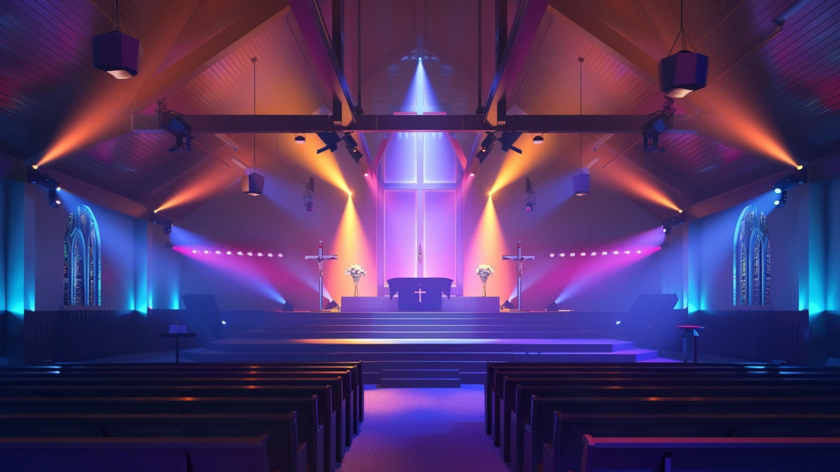church stage lighting system in worship service with full stage illumination and beam lights