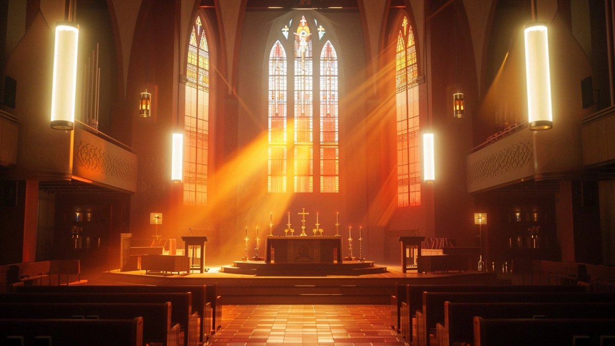 large church stage lighting design for worship hall with beam and wash lighting effects