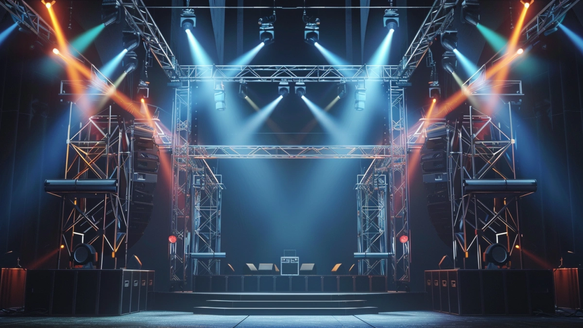 stage lighting layout overview with truss system and fixture arrangement for live event lighting
