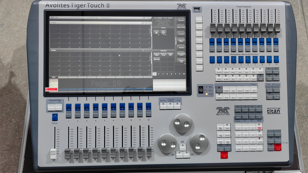 tiger touch 2 lighting console panel with faders and touchscreen for stage lighting system control
