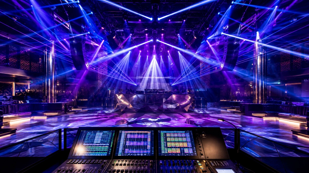 Recommended Nightclub DJ Lighting System Nightclub DJ lighting system with beam moving heads LED wash lights lasers strobes and a professional control console