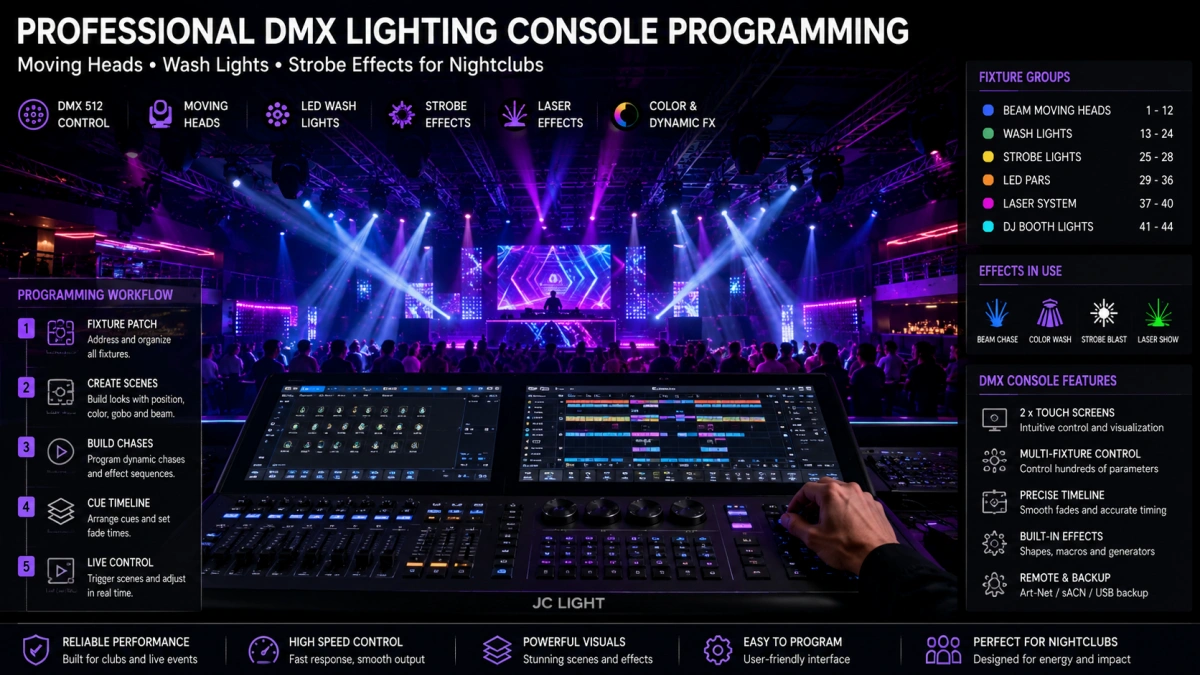Nightclub DMX Lighting Console Programming Professional DMX lighting console programming moving heads wash lights and strobe effects for a nightclub