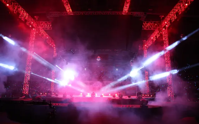 nightclub lighting systems for professional dj performances showing moving head lights wash lights laser light and layered dance floor booth lighting structure