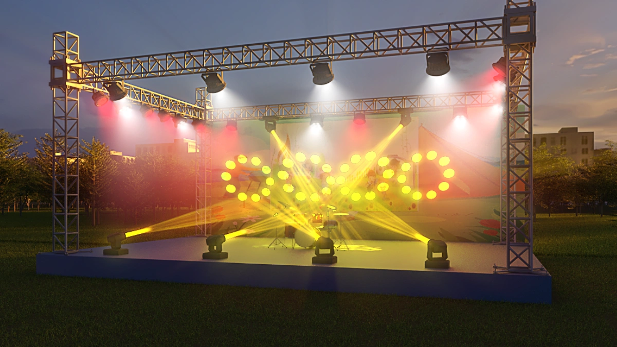Outdoor festival concert lighting system with weather-resistant moving heads, wash lights and stage effects