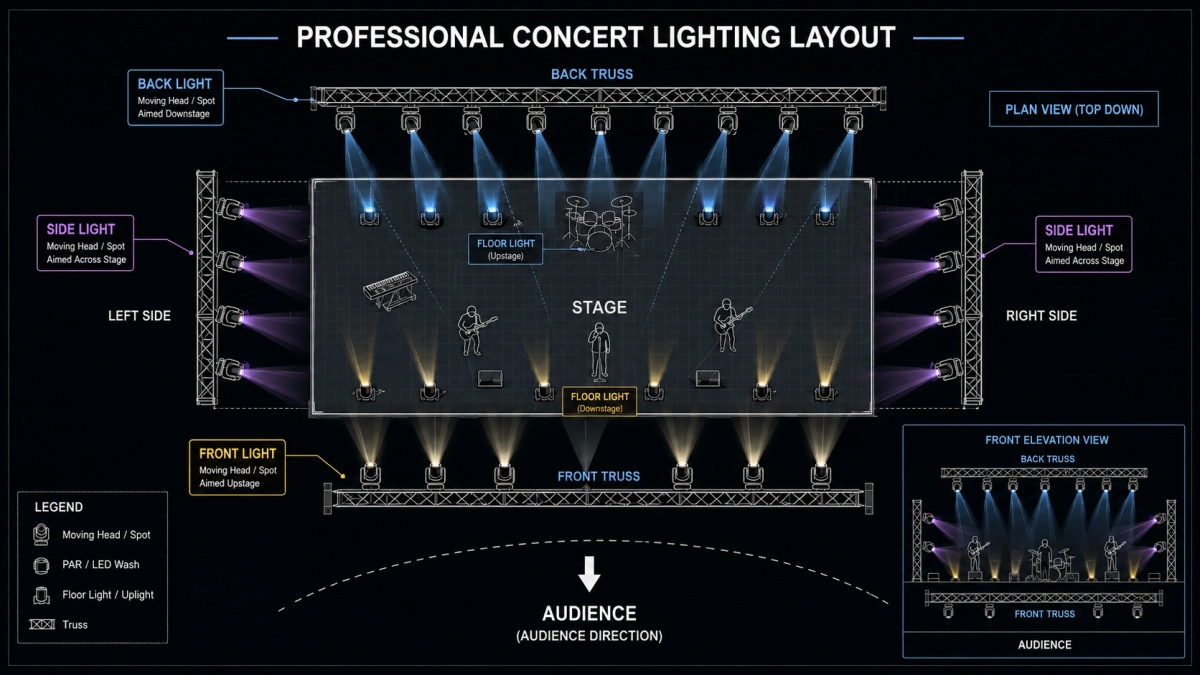 Professional concert lighting positioning with front, back, side, floor and aerial fixture layers