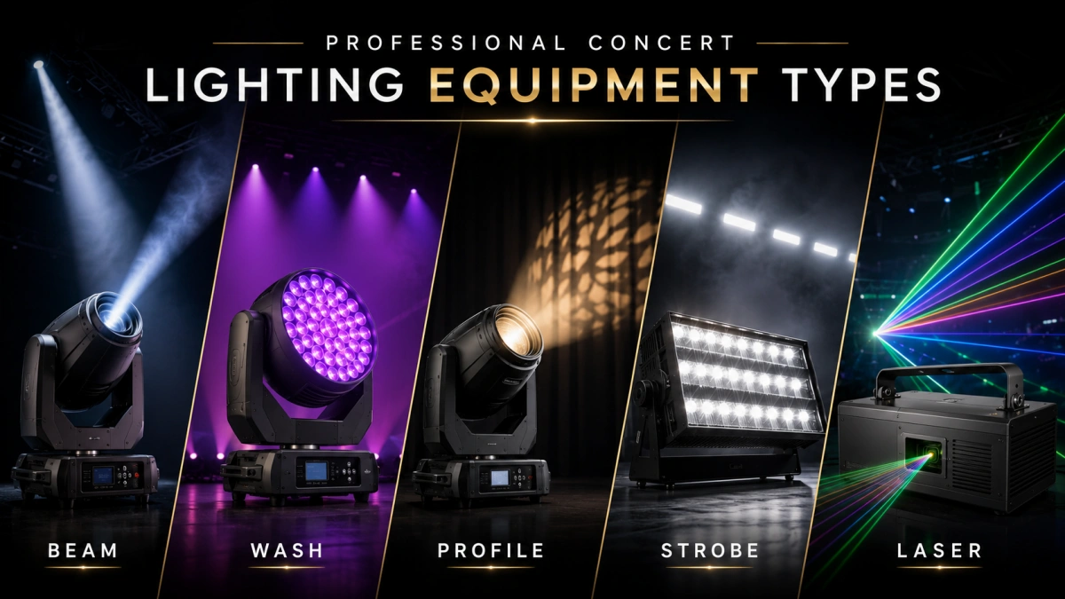 Types of professional concert lighting equipment including beam, wash, profile, strobe and laser fixtures